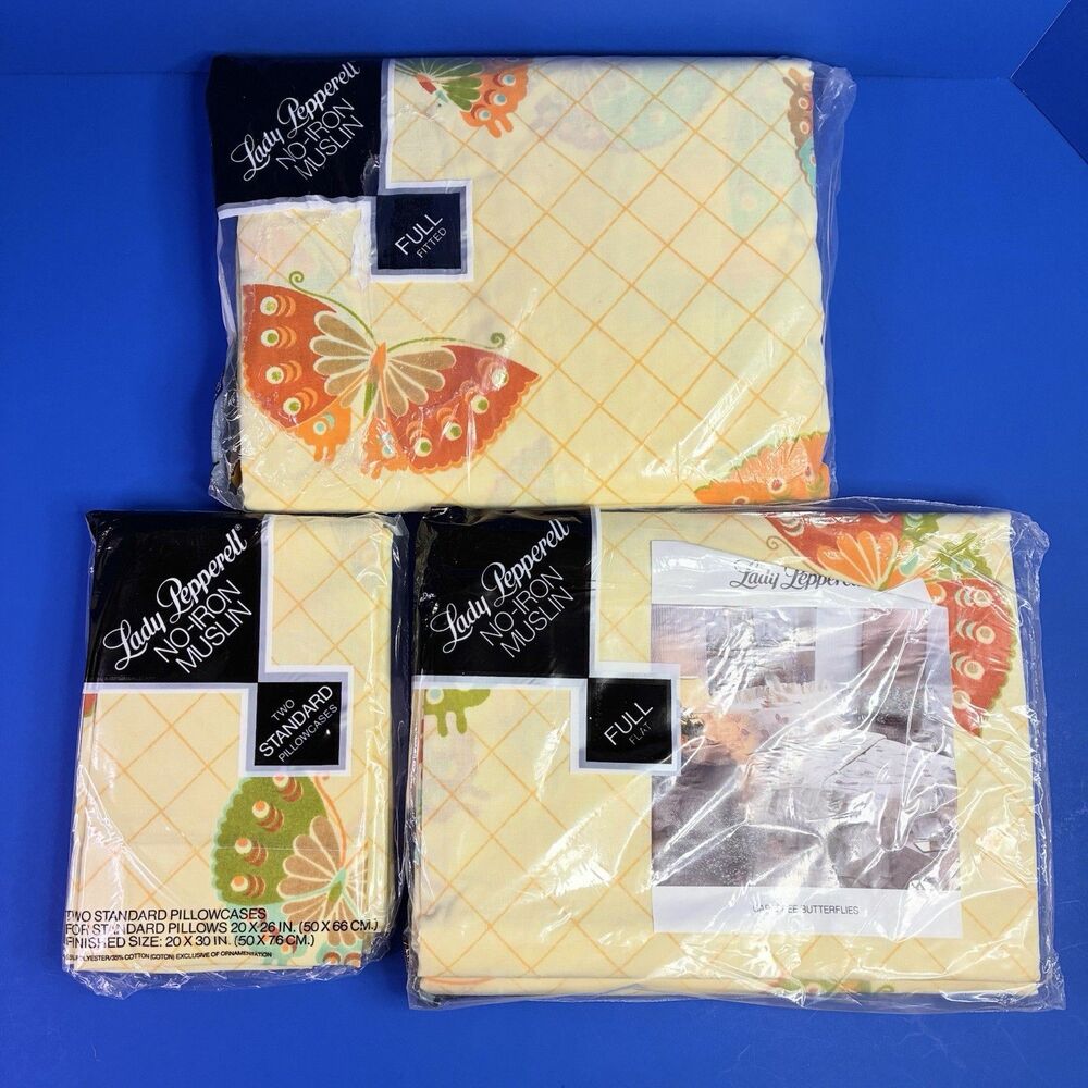 Vintage Lady Pepperell 4 Piece Twin Sheet Set Carefree Butterflies Yellow NEW